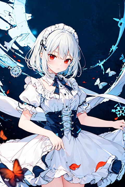  (masterpiece), (best quality),(illustration),cowboy shot,
(((best quality))), ((illustration)),solo,eye_focus,solo,,long floating white hair,detailed red eyes,
(1 girl:1.2),standing,
,loli,(disheveled hair),(Izayoi Sakuya:1.2),((masterpiece)),((best quality)),((extremely detailed)),(highres),(extremely detailed 8K wallpaper:1.2),colorful,(oil painting:1.2),(sketch),(low saturation:1.2),(cinematic lighting:1.4),realistic,dynamic angle,best shadow,(cowboy shot:1.3),(1girl:1.4),(solo),(extremely detailed face:1.3),highlight face,young and handsome female,(loli),(bishoujo),(kawaii:1.2),(floating white short hair:1.3),,(beautiful detailed clear red eyes:1.2),eye shadow,((clocks)),pocket watch,(floating glass fragments),(expressionless),(frills),hair_ornament,ribbons,bowties,light_particles,maid_headdress,neck_ribbon,(rose_petals),(huge gears),dreamlike background,(gradient_background:1.3),(colorful refraction),(time stop),gensokyo,(castle:1.2),(wall painting,classical delicate furnitures,huge windows),(the intersection of light and darkness:1.2)
,seductive eyes,Anime, fantasy