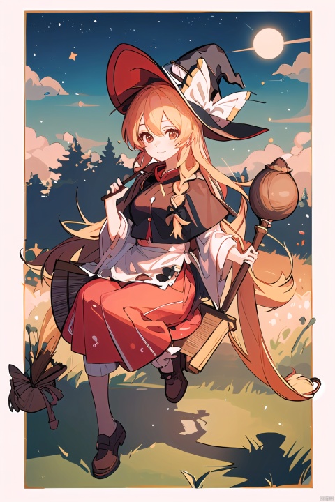 (best quality), (8k resolution), fantasy painting of a girl with blonde hair and a witch hat. She is flying on a broomstick with a black cat in a magical forest. The image has a whimsical style with a warm color palette that creates a contrast with the cool shadows. Inspired by Marisa Kirisame, Touhou Project, Manga Art by ZUN and Kishida Mel, Photoshop, 3D, HD, magic, adventure, moe, playful, mid-shot, dynamic, depth of field, realistic lighting, (diagonal composition)