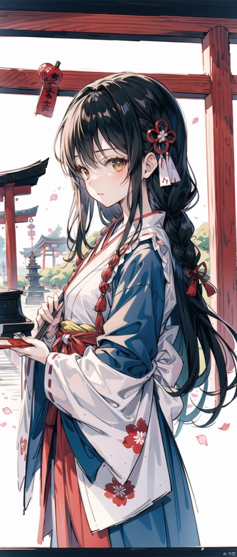 cropped background, cropped torso, , npzw, traditional media, (sketch:1.3), letterboxed, text, shrine maiden, 1girl, solo, (brown eyes), (black hair), long hair, (braided hair), ribbon, red hakama, white haori, red bow, gohei, ofuda, upper body, chibi, serious, from side, shrine, torii, cherry blossom, (traditional), foreground: ofuda flying, text: “Spirit away!”, middleground: girl holding a gohei, looking at the viewer, background: shrine, torii, cherry blossom, lanterns, angle: low angle, perspective, light: sunlight, natural, warm, color: red, white, black, atmosphere: solemn, sacred,