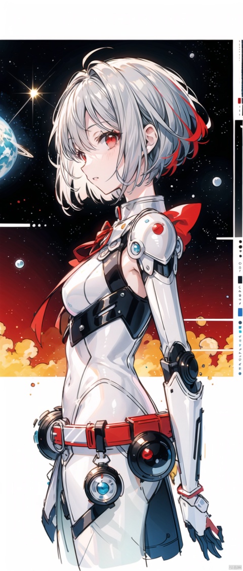 cropped background, cropped torso, , npzw, traditional media, (sketch:1.3), letterboxed, text, robot, 1girl, solo, (red eyes), (silver hair), short hair, (bob cut), antenna, white bodysuit, black gloves, black boots, red belt, red ribbon, gun, upper body, chibi, cool, from side, space, planet, star, (sci-fi)