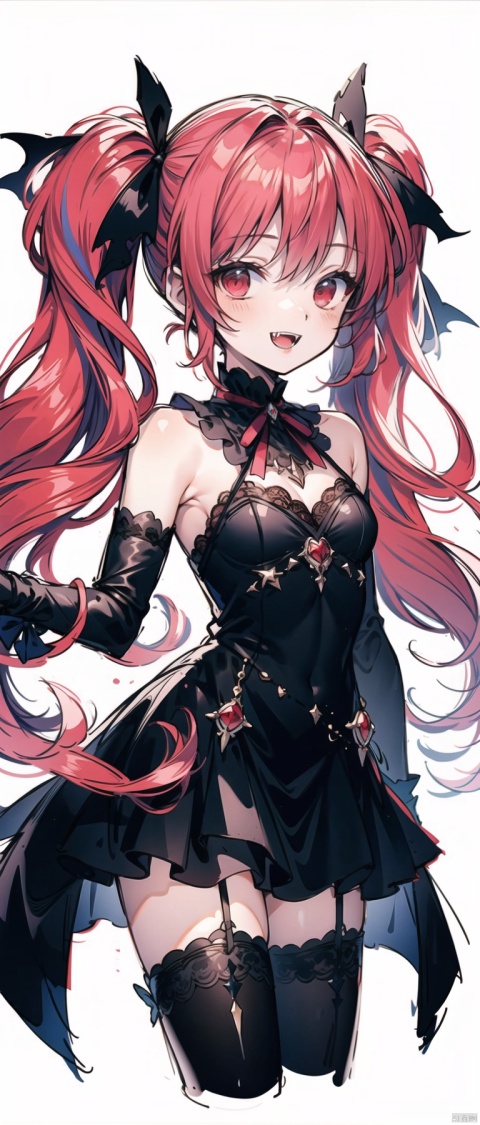 cropped background, cropped torso, , npzw, traditional media, (sketch:1.3), letterboxed, text, vampire, 1girl, solo, (red eyes), (pink hair), long hair, (twintails), fangs, black dress, red ribbon, lace, frills, gloves, stockings, boots, upper body, chibi, smiling, from front, night, moon, stars, bats, (gothic),