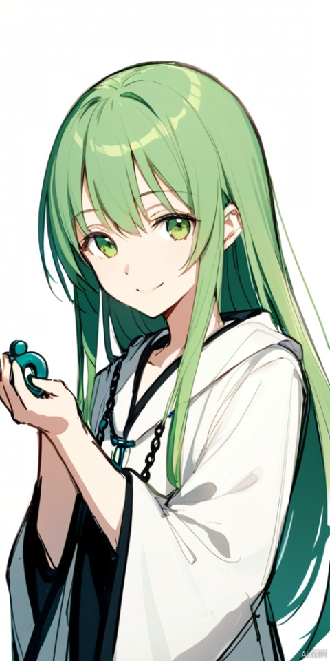  (sketch),1girl,solo,long hair,a portrait of Enkidu from Fate, a genderless clay doll with green hair and eyes, wearing a white robe, holding a chain in one hand and smiling gently