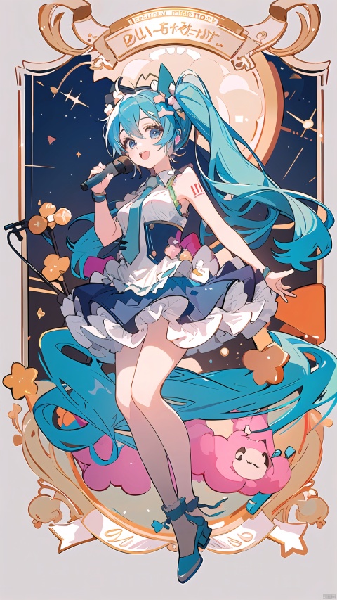 (best quality), (4k resolution), cute illustration of a girl with blue hair and a microphone. She is singing on a stage with a crowd of fans cheering for her. The image has a pop style with a bright color palette that creates a contrast with the dark background. Inspired by Hatsune Miku, Vocaloid, Anime Art by KEI and Tony Taka, Clip Studio Paint, 2D, HD, music, idol, kawaii, energetic, close-up, expressive, colorful lighting, (rule of thirds)