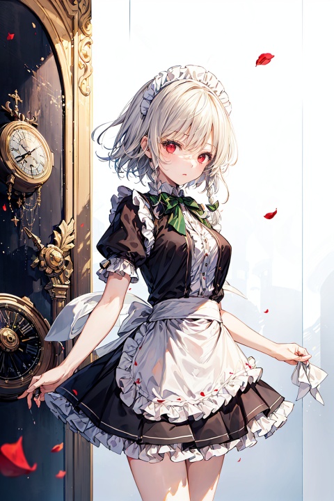  (masterpiece), (best quality),(illustration),cowboy shot,
(((best quality))), ((illustration)),solo,eye_focus,solo,,long floating white hair,detailed red eyes,
(1 girl:1.2),standing,
,loli,(disheveled hair),(Izayoi Sakuya:1.2),((masterpiece)),((best quality)),((extremely detailed)),(highres),(extremely detailed 8K wallpaper:1.2),colorful,(oil painting:1.2),(sketch),(low saturation:1.2),(cinematic lighting:1.4),realistic,dynamic angle,best shadow,(cowboy shot:1.3),(1girl:1.4),(solo),(extremely detailed face:1.3),highlight face,young and handsome female,(loli),(bishoujo),(kawaii:1.2),(floating white short hair:1.3),,(beautiful detailed clear red eyes:1.2),eye shadow,((clocks)),pocket watch,(floating glass fragments),(expressionless),(frills),hair_ornament,ribbons,bowties,light_particles,maid_headdress,neck_ribbon,(rose_petals),(huge gears),dreamlike background,(gradient_background:1.3),(colorful refraction),(time stop),gensokyo,(castle:1.2),(wall painting,classical delicate furnitures,huge windows),(the intersection of light and darkness:1.2)
