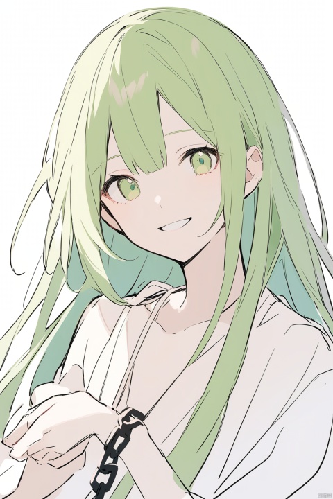  nai3, (sketch),1girl,solo,long hair,a portrait of Enkidu from Fate, a genderless clay doll with green hair and eyes, wearing a white robe, holding a chain in one hand and smiling gently