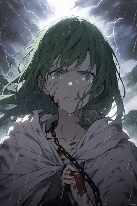 1girl, solo, long hair, green hair, green eyes, white robe, chain, holding, serious, close-up, face, open eyes, blood, wound, scar, tears, rain, thunder, lightning, dark, anime, fantasy, historical, tragic, digital art by Ufotable, 4k, 8k, HD, (Enkidu, Fate/Zero) - a dramatic image of Enkidu from Fate/Zero, showing his face in a close-up, with a serious expression, holding a chain in one hand, his green hair and eyes stained with blood, tears, and rain, as he faces his fate in a stormy night, drawn by Ufotable in a high-resolution digital art style