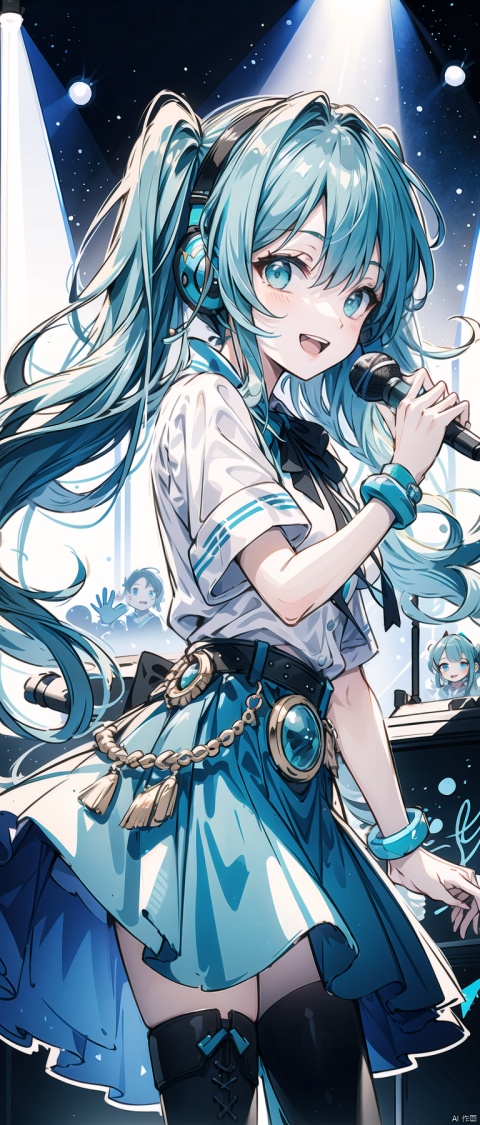 cropped background, cropped torso, , npzw, traditional media, (sketch:1.3), letterboxed, text, idol, 1girl, solo, (blue eyes), (turquoise hair), long hair, (twintails), headset, gray shirt, black skirt, black tie, black boots, belt, bracelet, microphone, upper body, chibi, singing, from front, stage, spotlight, crowd, (pop), foreground: microphone, text: “I’m ready to rock!”, middleground: girl holding a guitar, smiling at the viewer, background: stage, spotlight, crowd, speakers, angle: eye level, frontal, light: spotlight, colorful, bright, color: gray, black, turquoise, atmosphere: energetic, lively,