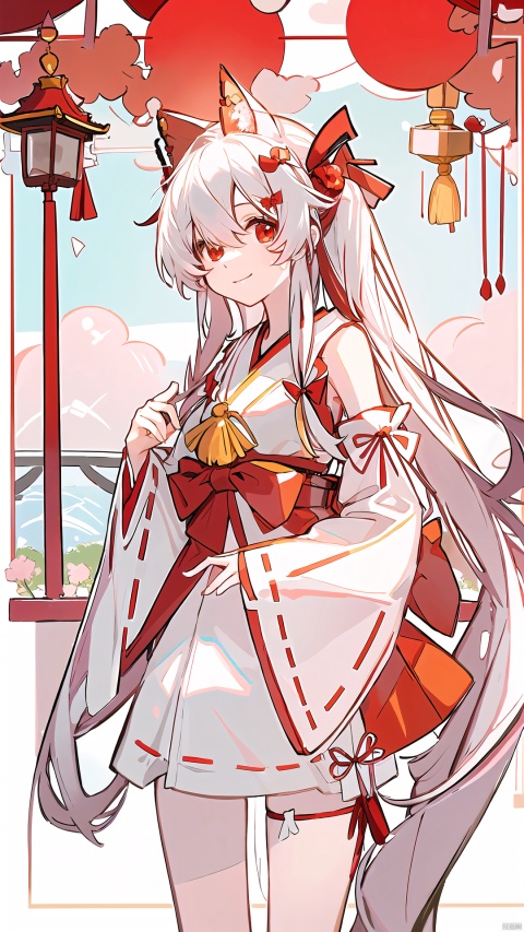  (best quality), 1girl, shrine maiden, red-white, outdoors, long hair, ribbon, gohei, solo, sky, cloud, smile, looking at viewer, day, hakurei, :), frills, detached sleeves, miko, shrine, torii, red ribbon, white hair ribbon, hair ribbon, hair ornament, red eyes, black hair, very long hair, hair over one eye, bow, red bow, white bow, bow (weapon), arrow, quiver, 8B0000, FFFFFF, backlight