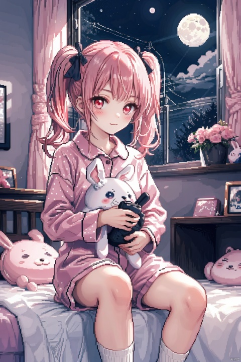 1girl, twintails, (sitting,bedroom,night,window,moon,star,plushie),cute, towa (umamusume), red eyes, solo, long hair, ribbon, (indoors),:3, pajamas, socks, pink hair, blush, long sleeves, polka dot, polka dot pajamas, bunny plushie, close up, (pink), soft light, ((pixelart))