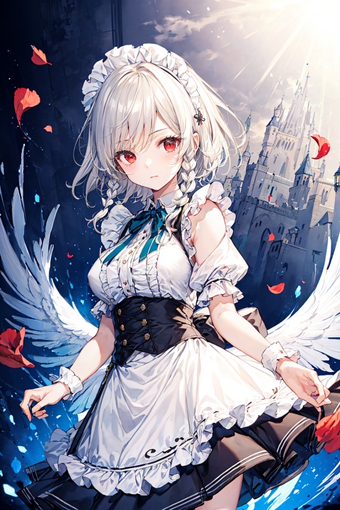  (masterpiece), (best quality),(illustration),cowboy shot,
(((best quality))), ((illustration)),solo,eye_focus,solo,,long floating white hair,detailed red eyes,
(1 girl:1.2),standing,
,loli,(disheveled hair),(Izayoi Sakuya:1.2),((masterpiece)),((best quality)),((extremely detailed)),(highres),(extremely detailed 8K wallpaper:1.2),colorful,(oil painting:1.2),(sketch),(low saturation:1.2),(cinematic lighting:1.4),realistic,dynamic angle,best shadow,(cowboy shot:1.3),(1girl:1.4),(solo),(extremely detailed face:1.3),highlight face,young and handsome female,(loli),(bishoujo),(kawaii:1.2),(floating white short hair:1.3),,(beautiful detailed clear red eyes:1.2),eye shadow,((clocks)),pocket watch,(floating glass fragments),(expressionless),(frills),hair_ornament,ribbons,bowties,light_particles,maid_headdress,neck_ribbon,(rose_petals),(huge gears),dreamlike background,(gradient_background:1.3),(colorful refraction),(time stop),gensokyo,(castle:1.2),(wall painting,classical delicate furnitures,huge windows),(the intersection of light and darkness:1.2)
