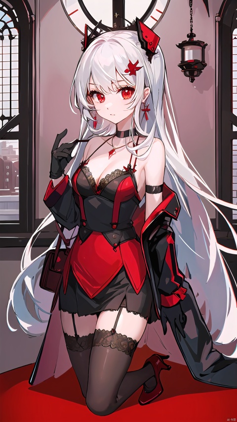 (best quality), 1girl, vampire, red-black, indoors, long hair, dress, solo, clock, gears, night, looking away, serious, mysterious, lace, frills, ribbon, necklace, earrings, hair ornament, red eyes, silver hair, very long hair, straight hair, bangs, side bangs, cleavage, legs, stockings, garter belt, high heels, gloves, long gloves, knife, blood, 8B0000, 000000, backlight