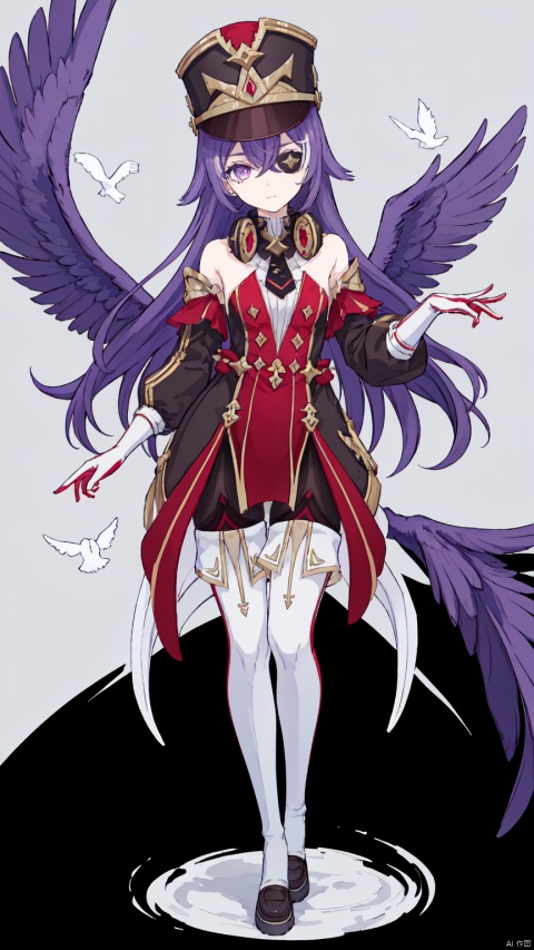 1girl, solo, long hair, looking at viewer, bangs, thighhighs, gloves, hat, hair between eyes, bare shoulders, closed mouth, standing, purple eyes, full body, purple hair, boots, wings, white gloves, bird, thigh boots, eyepatch, white footwear, feathered wings, white wings, shako cap, dove
