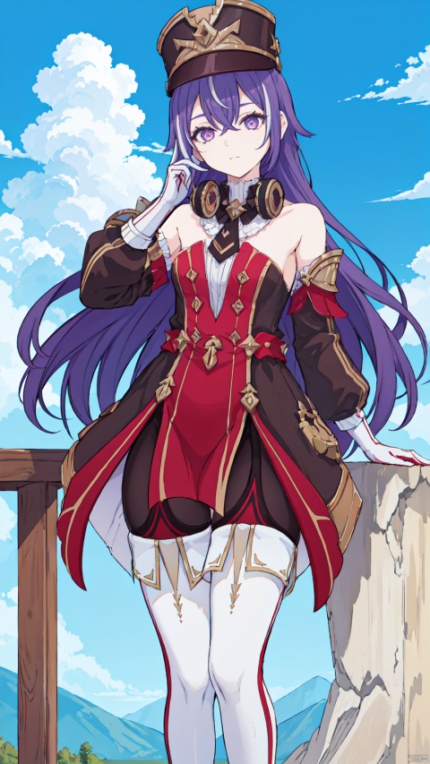 1girl, solo, long hair, looking at viewer, bangs, thighhighs, gloves, hat, dress, hair between eyes, bare shoulders, closed mouth, standing, purple eyes, purple hair, boots, outdoors, detached sleeves, sky, day, cloud, white gloves, white thighhighs, blue sky, headphones, thigh boots, eyepatch, headphones around neck