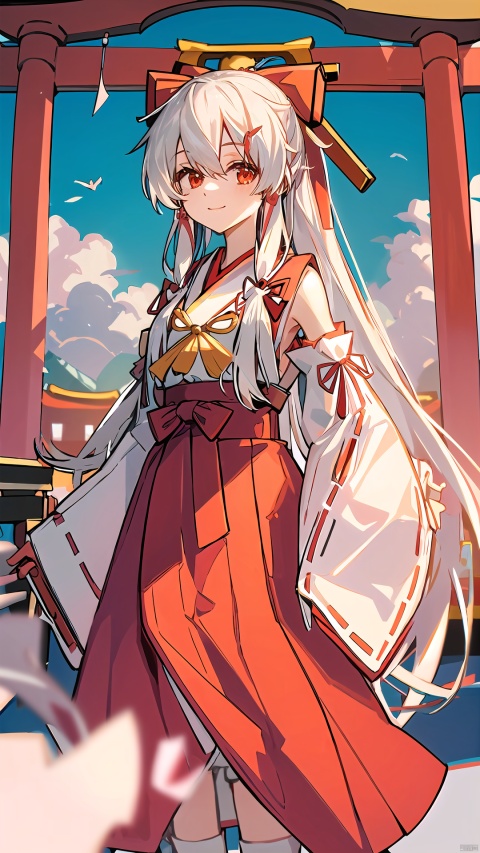 (best quality), 1girl, shrine maiden, red-white, outdoors, long hair, ribbon, gohei, solo, sky, cloud, smile, looking at viewer, day, hakurei, :), frills, detached sleeves, miko, shrine, torii, red ribbon, white hair ribbon, hair ribbon, hair ornament, red eyes, black hair, very long hair, hair over one eye, bow, red bow, white bow, bow (weapon), arrow, quiver, 8B0000, FFFFFF, backlight