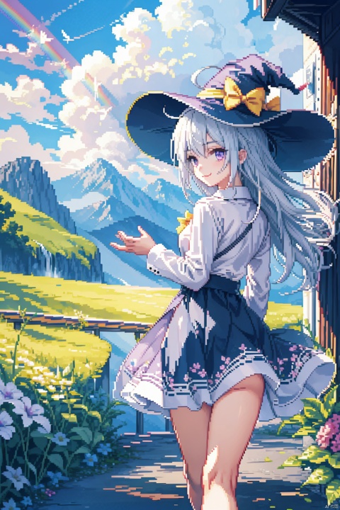 1girl, ahoge, (standing,cloudy sky,landscape view,mountain,road,waterfall,rainbow),running pose, elaina (majo no tabitabi), smile, purple eyes, solo, long hair, bangs, flying feathers,(outdoors),:3, shirt, skirt, bow, white hair, flushed, long sleeves,diagonal stripes, striped, collared shirt, flower pot, promotional image, striped dress, yellow bow,open shirt,witch hat,three-quarter body,(silver hair),backlight, ((pixelart))