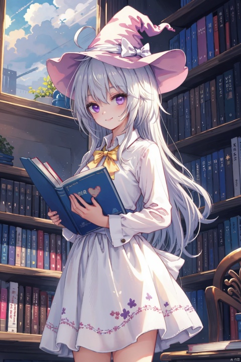 1girl, ahoge, (standing,cloudy sky,bookstore,sign,window),reading pose, elaina (majo no tabitabi), smile, purple eyes, solo, long hair, side bangs, book,(indoors),:), shirt, skirt, bow, white hair, happy, long sleeves,diagonal stripes, striped, collared shirt, bookshelf, promotional image, striped dress, yellow ribbon,holding book,witch hat,waist up,(silver hair),light, ((pixelart))