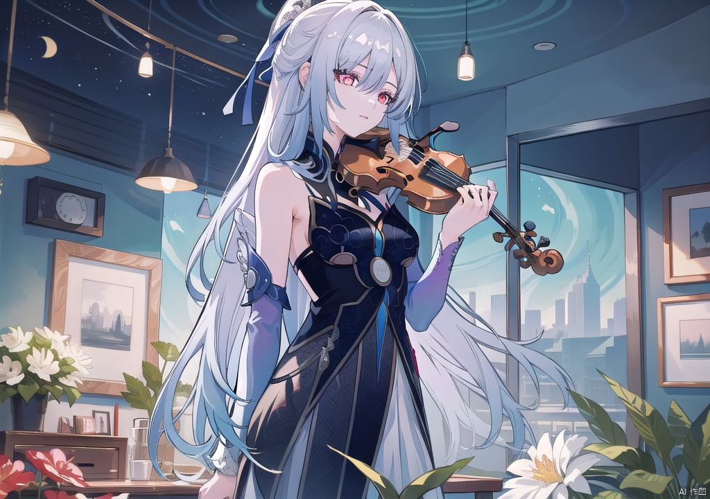  jingliu (honkai: star rail),The image features a woman playing a violin in a room, surrounded by a colorful and futuristic background. She is dressed in a white dress and is standing next to a potted plant. The room is adorned with several potted plants, some of which are placed near the woman and others scattered around the space. The overall atmosphere of the image is vibrant and artistic, with the woman's performance adding a touch of elegance to the scene.