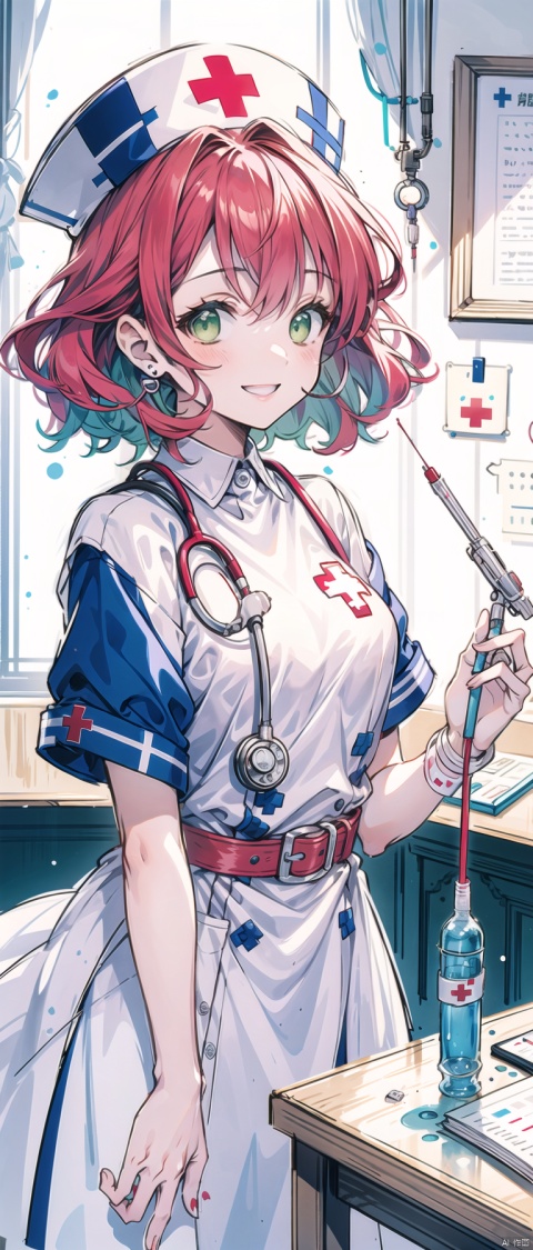 cropped background, cropped torso, , npzw, traditional media, (sketch:1.3), letterboxed, text, nurse, 1girl, solo, (green eyes), (pink hair), short hair, (curly hair), hat, white dress, red cross, red belt, red shoes, stethoscope, syringe, upper body, chibi, cute, from front, hospital, bed, curtain, (medical), foreground: syringe, text: “Don’t worry, it won’t hurt a bit!”, middleground: girl holding a stethoscope, smiling at the viewer, background: hospital, bed, curtain, monitor, angle: eye level, frontal, light: fluorescent, artificial, cool, color: white, red, pink, atmosphere: friendly, caring,