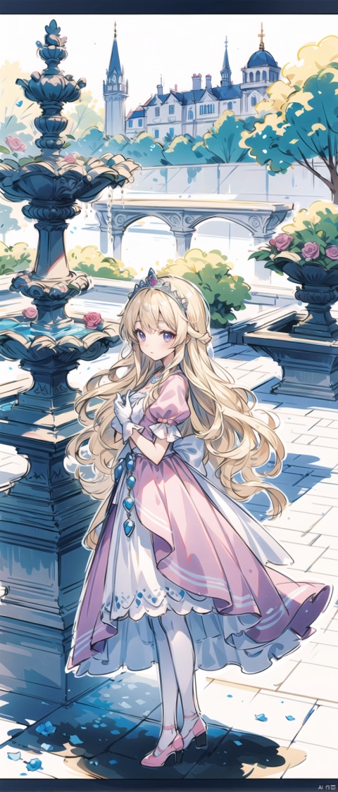 cropped background, cropped torso, , npzw, traditional media, (sketch:1.3), letterboxed, text, princess, 1girl, solo, (purple eyes), (blonde hair), long hair, (wavy hair), tiara, pink dress, white gloves, white stockings, pink shoes, pearl necklace, rose, upper body, chibi, elegant, from side, castle, garden, fountain, (royal), foreground: rose, text: “You are my prince charming!”, middleground: girl holding a pearl necklace, looking at the viewer, background: castle, garden, fountain, statues, angle: high angle, bird’s eye view, light: sunlight, natural, soft, color: pink, white, blonde, atmosphere: romantic, graceful,