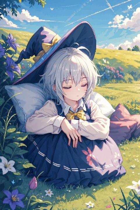 1girl, ahoge, (lying,sunny sky,grassland,flower,tree),sleeping pose, elaina (majo no tabitabi), closed eyes, purple eyes, solo, long hair, fringe, butterfly,(outdoors),:Z, shirt, skirt, bow, white hair, relaxed, long sleeves,horizontal stripes, striped, collared shirt, pillow, title image, striped skirt, yellow ribbon,lying on pillow,witch hat,full body,(silver hair),glow, ((pixelart))