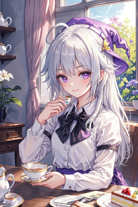 1girl, ahoge, (sitting,tea room,table,window),tea pose, elaina (majo no tabitabi), smile, purple eyes, solo, long hair, bangs, cake,(indoors),:3, shirt, skirt, bow, white hair, flushed, long sleeves,diagonal stripes, striped, collared shirt, teacup, promotional image, striped dress, yellow ribbon,holding teacup,witch hat,upper body,(silver hair),light, ((pixelart))