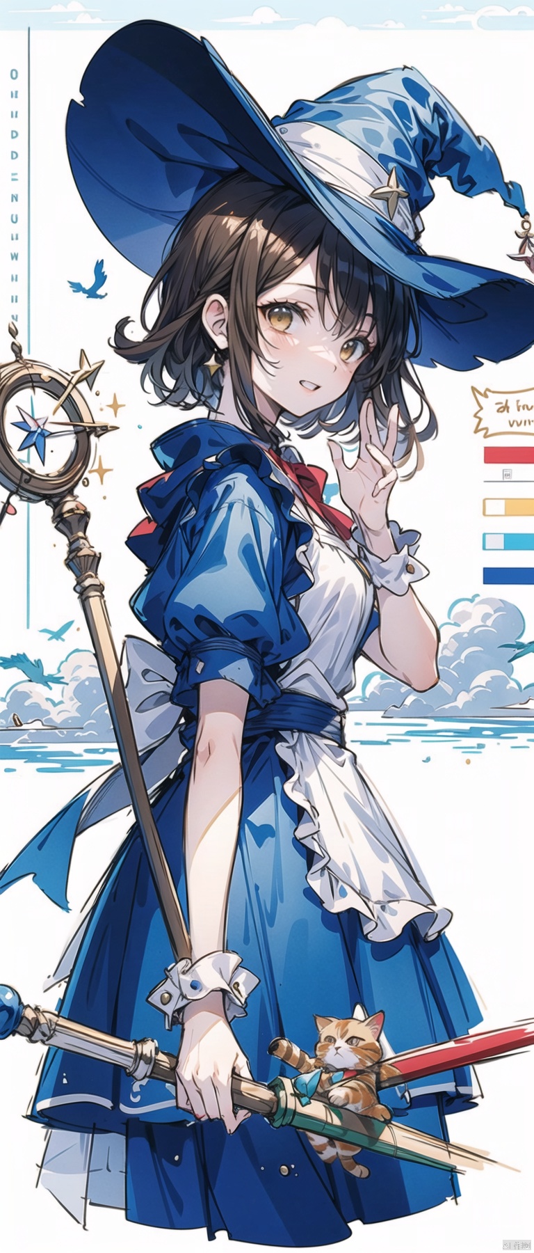 cropped background, cropped torso, , npzw, traditional media, (sketch:1.3), letterboxed, text, witch, 1girl, solo, (brown eyes), (brown hair), short hair, (side ponytail), hat, blue dress, white apron, red bow, broom, cat, upper body, chibi, winking, from side, sky, clouds, rainbow, (cute), foreground: cat sitting on the broom, text: “Let’s go for a ride!”, middleground: girl holding a wand, waving at the viewer, background: blue sky, white clouds, colorful rainbow, angle: high angle, bird’s eye view, light: sunlight, bright, soft, color: blue, white, red, atmosphere: cheerful, fun,