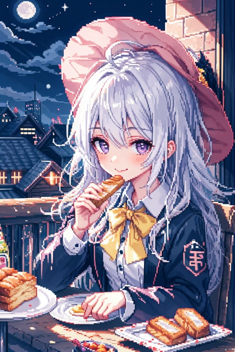 1girl, ahoge, (sitting,night sky,city view,roof,star,moon),eating pose, elaina (majo no tabitabi), smile, purple eyes, solo, long hair, bangs, bread,(outdoors),:P, shirt, skirt, bow, white hair, blushing, long sleeves,vertical stripes, striped, collared shirt, plate, cover image, vertical-striped dress, yellow ribbon,holding bread,witch hat,upper body,(silver hair),shadow, ((pixelart))