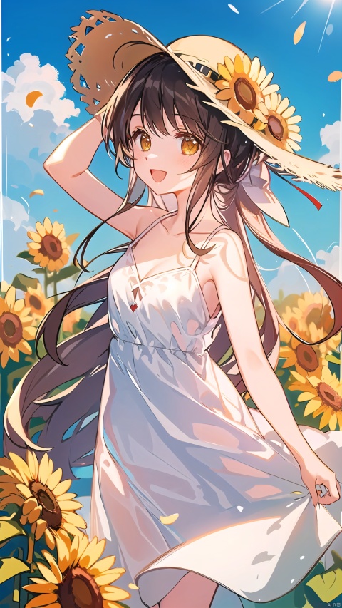  (masterpiece), (best quality),1girl, hat, sunflower, solo, flower, outdoors, long hair, smile, open mouth, day, looking at viewer, sleeveless, sky, yellow eyes, cloud, :d, petals, straw hat, bare shoulders, breasts, hand on headwear, white dress, dress, yellow flower, bangs, very long hair, collarbone, blue sky, blush, flower field, sun hat, bare arms, bow, field, brown headwear, small breasts, standing, sundress, arm up, skirt, hand up, white skirt, hat bow, cleavage, spaghetti strap, ribbon, blurry foreground, hat ribbon, white bow, blurry , 30710
, 372089, backlight