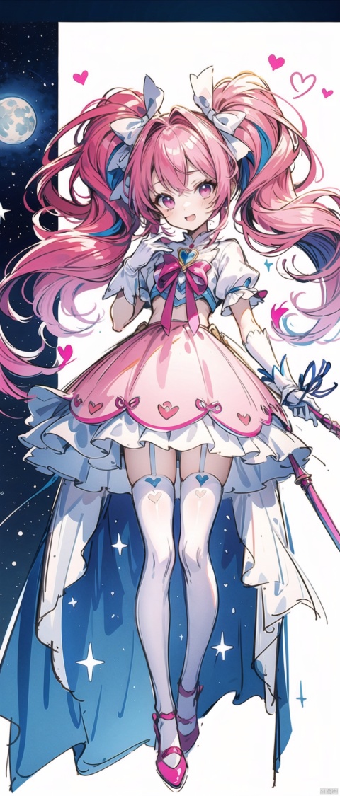 cropped background, cropped torso, , npzw, traditional media, (sketch:1.3), letterboxed, text, magical girl, 1girl, solo, (pink eyes), (pink hair), long hair, (twintails), ribbon, pink dress, white gloves, white stockings, pink shoes, wand, heart, upper body, chibi, cute, from front, sky, stars, moon, (fantasy),