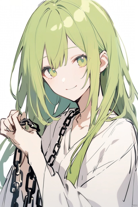 nai3, (sketch),1girl,solo,long hair,a portrait of Enkidu from Fate, a genderless clay doll with green hair and eyes, wearing a white robe, holding a chain in one hand and smiling gently
