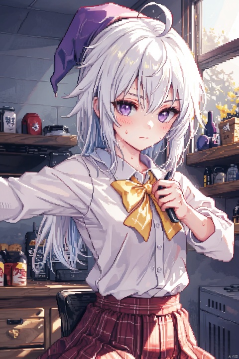 1girl, ahoge, (practicing,dojo,mat,wall),martial arts pose, elaina (majo no tabitabi), serious, purple eyes, solo, long hair, fringe, sweat,(indoors),:|, shirt, skirt, bow, white hair, determined, long sleeves,checkered, plaid, buttoned blouse, punching bag, cover art, plaid skirt, yellow ribbon,hitting punching bag,witch hat,three-quarter body,(platinum hair),flare, ((pixelart))