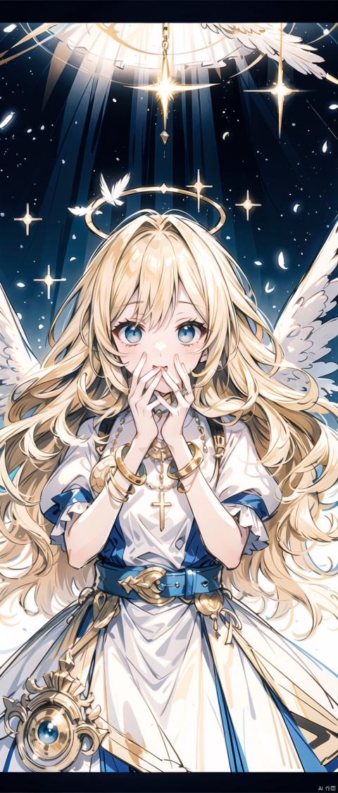 cropped background, cropped torso, , npzw, traditional media, (sketch:1.3), letterboxed, text, angel, 1girl, solo, (blue eyes), (blonde hair), long hair, (curly hair), halo, wings, white dress, gold belt, gold bracelet, gold necklace, feather, upper body, chibi, surprised, from front, heaven, light, (holy), foreground: feather falling, text: “Oh my!”, middleground: girl covering her mouth, looking at the viewer, background: white clouds, golden light, harp, angle: eye level, frontal, light: divine, radiant, warm, color: white, gold, atmosphere: sacred, pure,