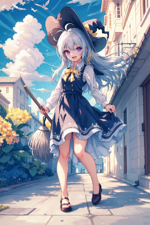 1girl, ahoge, (flying,sky,cloud,bird),broom pose, elaina (majo no tabitabi), smile, purple eyes, solo, long hair, fringe, wind,(outdoors),:D, shirt, skirt, bow, white hair, happy, long sleeves,vertical stripes, striped, collared shirt, broom, title image, vertical-striped dress, yellow ribbon,riding broom,witch hat,full body,(silver hair),shadow, ((pixelart))