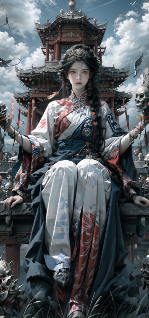 Queen, (holding a long  Silver snake),   Full body display, leaning against the ruins, with a floating skeleton in the background. The Queen's expression is enchanting, her posture is seductive, her hand is holding her face, and there is a flicker of evil energy runes in the background, blood mist filled, and soft light. My feet are covered in bones. Skeletons, many skeletons. Black stockings. Official art, unit 8 k wallpaper, ultra detailed, beautiful and aesthetic, masterpiece, best quality, extremely detailed, dynamic angle, paper skin, radius, iuminosity, cowboyshot, the most beautiful form of Chaos, elegant, a brutalist designed, visual colors, romantici**, by James Jean, roby dwi antono, cross tran, francis bacon, Michael mraz, Adrian ghenie, Petra cortright, Gerhard richter, Takato yamamoto, ashley wood, atmospheric, ecstasy of musical notes, streaming musical notes visible, flowers in full bloom, many bird of parade, deep forests, sunlight, atmosphere, rich details, full body lens, shot from above, shot from below, detail background, beautiful sky, floating hair, perfect face, exquisite facial features, high detail, **ile, Fisheye lens, dynamic angle, dynamic posture,shidudou,cap,hunsha,fanxing,*****,liuli2,qzclothing_white