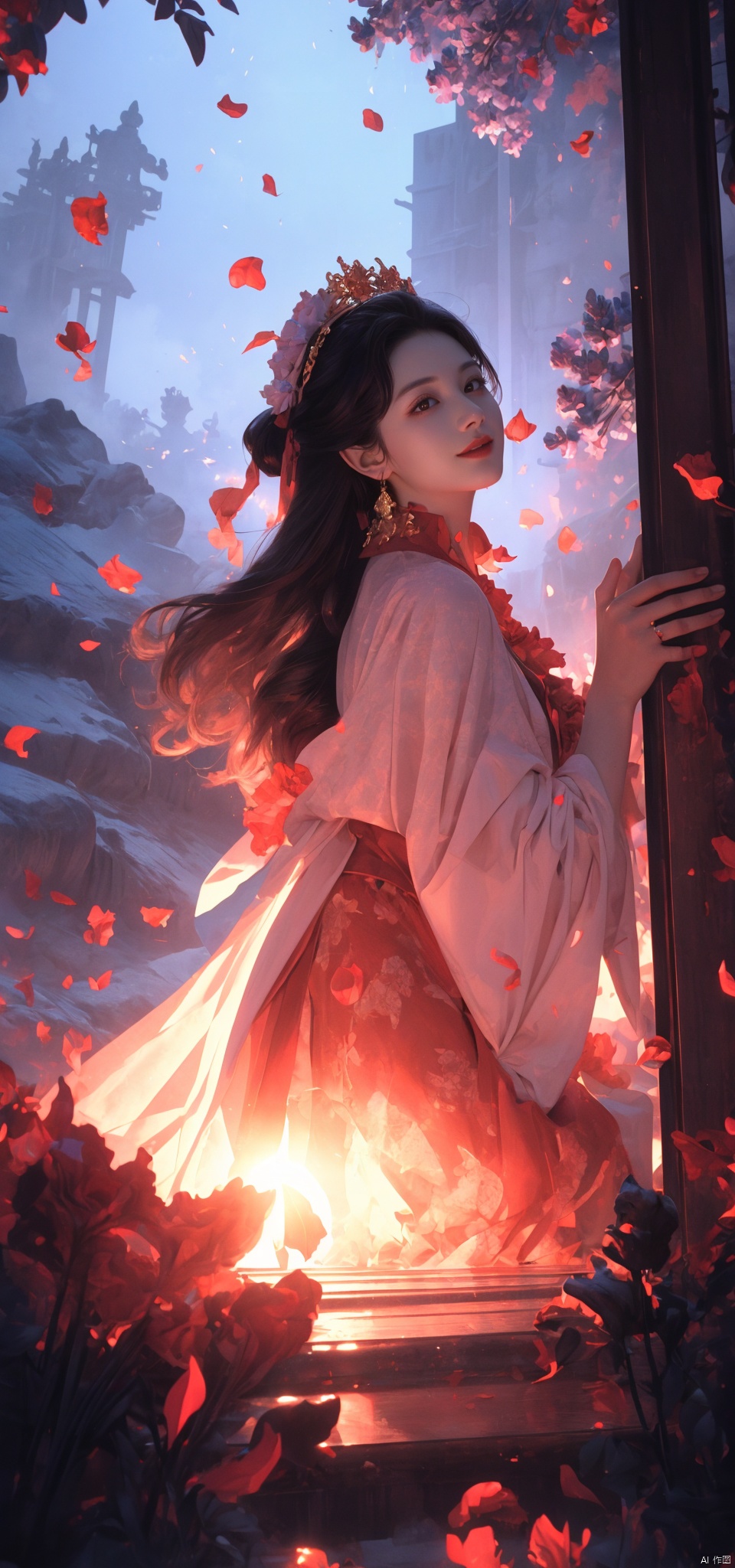  A woman, backlit, white gauze dress, holy light, swaying in the wind, whole body, light and shadow, (black and red smoke as background; 1.8), Official art, 8k wallpaper, super detail, beauty and aesthetics, fine, the best quality, very detailed, dynamic Angle, paper leather, radius, light, cowboy lens, (Trapped in the other side of the flowers :1.7), departure, pain, visual color, romantic, atmospheric, rich in detail, full-body lens, shot from above, shot from below, detailed background, Smooth hair, perfect face, delicate features, high detail, smile, fisheye lens, dynamic Angle, dynamic pose, 1 girl, (petals :1.3), (gilded :1.4), not brightly colored, (lavender gauze :1.4)(petals falling :1.5), trapped goddess, kneeling on the ground in prayer, (harsh environment :1.5), (Pain :1.5)(Prayer :1.4), qingsha, (\shen ming shao nv\)