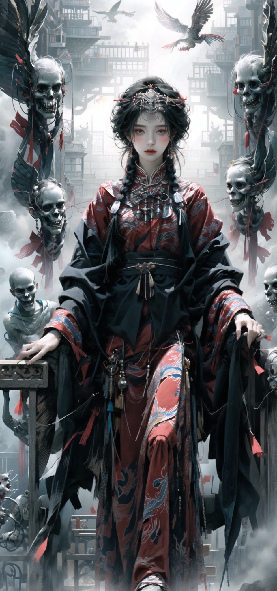 Queen, (holding a long  Silver snake),   Full body display, leaning against the ruins, with a floating skeleton in the background. The Queen's expression is enchanting, her posture is seductive, her hand is holding her face, and there is a flicker of evil energy runes in the background, blood mist filled, and soft light. My feet are covered in bones. Skeletons, many skeletons. Black stockings. Official art, unit 8 k wallpaper, ultra detailed, beautiful and aesthetic, masterpiece, best quality, extremely detailed, dynamic angle, paper skin, radius, iuminosity, cowboyshot, the most beautiful form of Chaos, elegant, a brutalist designed, visual colors, romantici**, by James Jean, roby dwi antono, cross tran, francis bacon, Michael mraz, Adrian ghenie, Petra cortright, Gerhard richter, Takato yamamoto, ashley wood, atmospheric, ecstasy of musical notes, streaming musical notes visible, flowers in full bloom, many bird of parade, deep forests, sunlight, atmosphere, rich details, full body lens, shot from above, shot from below, detail background, beautiful sky, floating hair, perfect face, exquisite facial features, high detail, **ile, Fisheye lens, dynamic angle, dynamic posture,shidudou,cap,hunsha,fanxing,*****,liuli2,qzclothing_white