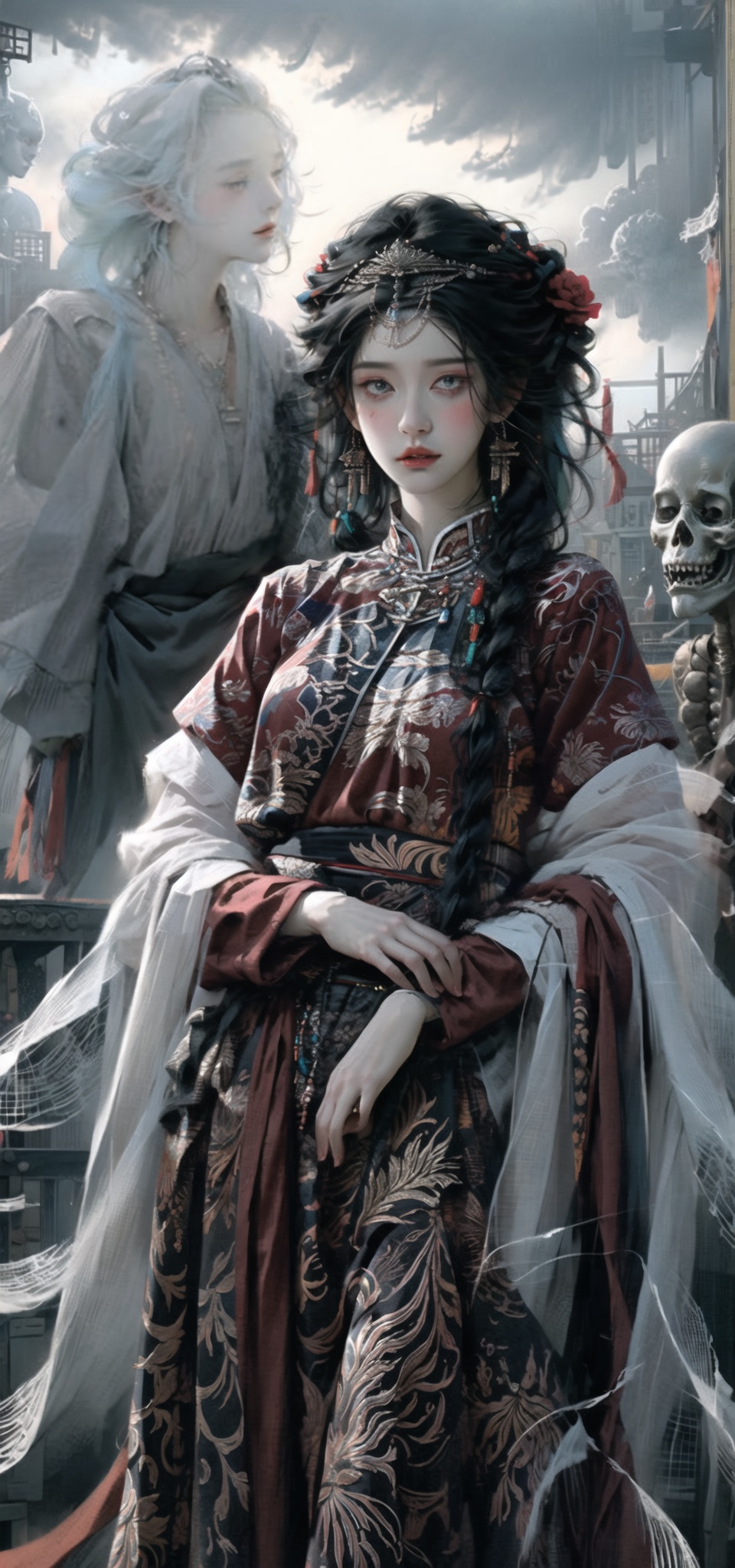 Queen, (holding a long  Silver snake),   Full body display, leaning against the ruins, with a floating skeleton in the background. The Queen's expression is enchanting, her posture is seductive, her hand is holding her face, and there is a flicker of evil energy runes in the background, blood mist filled, and soft light. My feet are covered in bones. Skeletons, many skeletons. Black stockings. Official art, unit 8 k wallpaper, ultra detailed, beautiful and aesthetic, masterpiece, best quality, extremely detailed, dynamic angle, paper skin, radius, iuminosity, cowboyshot, the most beautiful form of Chaos, elegant, a brutalist designed, visual colors, romantici**, by James Jean, roby dwi antono, cross tran, francis bacon, Michael mraz, Adrian ghenie, Petra cortright, Gerhard richter, Takato yamamoto, ashley wood, atmospheric, ecstasy of musical notes, streaming musical notes visible, flowers in full bloom, many bird of parade, deep forests, sunlight, atmosphere, rich details, full body lens, shot from above, shot from below, detail background, beautiful sky, floating hair, perfect face, exquisite facial features, high detail, **ile, Fisheye lens, dynamic angle, dynamic posture,shidudou,cap,hunsha,fanxing,*****,liuli2,qzclothing_white