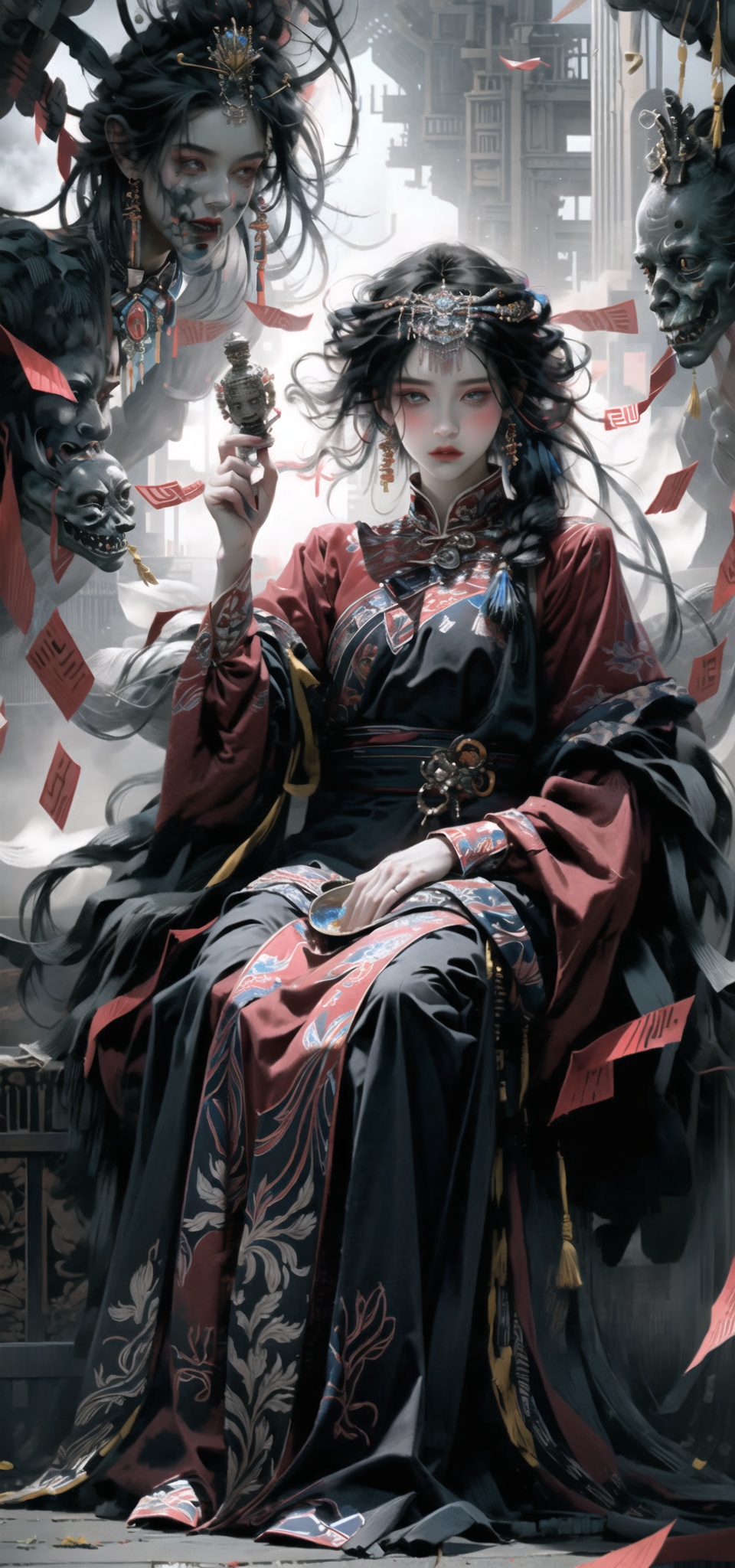 Queen, (holding a long  Silver snake),   Full body display, leaning against the ruins, with a floating skeleton in the background. The Queen's expression is enchanting, her posture is seductive, her hand is holding her face, and there is a flicker of evil energy runes in the background, blood mist filled, and soft light. My feet are covered in bones. Skeletons, many skeletons. Black stockings. Official art, unit 8 k wallpaper, ultra detailed, beautiful and aesthetic, masterpiece, best quality, extremely detailed, dynamic angle, paper skin, radius, iuminosity, cowboyshot, the most beautiful form of Chaos, elegant, a brutalist designed, visual colors, romantici**, by James Jean, roby dwi antono, cross tran, francis bacon, Michael mraz, Adrian ghenie, Petra cortright, Gerhard richter, Takato yamamoto, ashley wood, atmospheric, ecstasy of musical notes, streaming musical notes visible, flowers in full bloom, many bird of parade, deep forests, sunlight, atmosphere, rich details, full body lens, shot from above, shot from below, detail background, beautiful sky, floating hair, perfect face, exquisite facial features, high detail, **ile, Fisheye lens, dynamic angle, dynamic posture,shidudou,cap,hunsha,fanxing,*****,liuli2,qzclothing_white