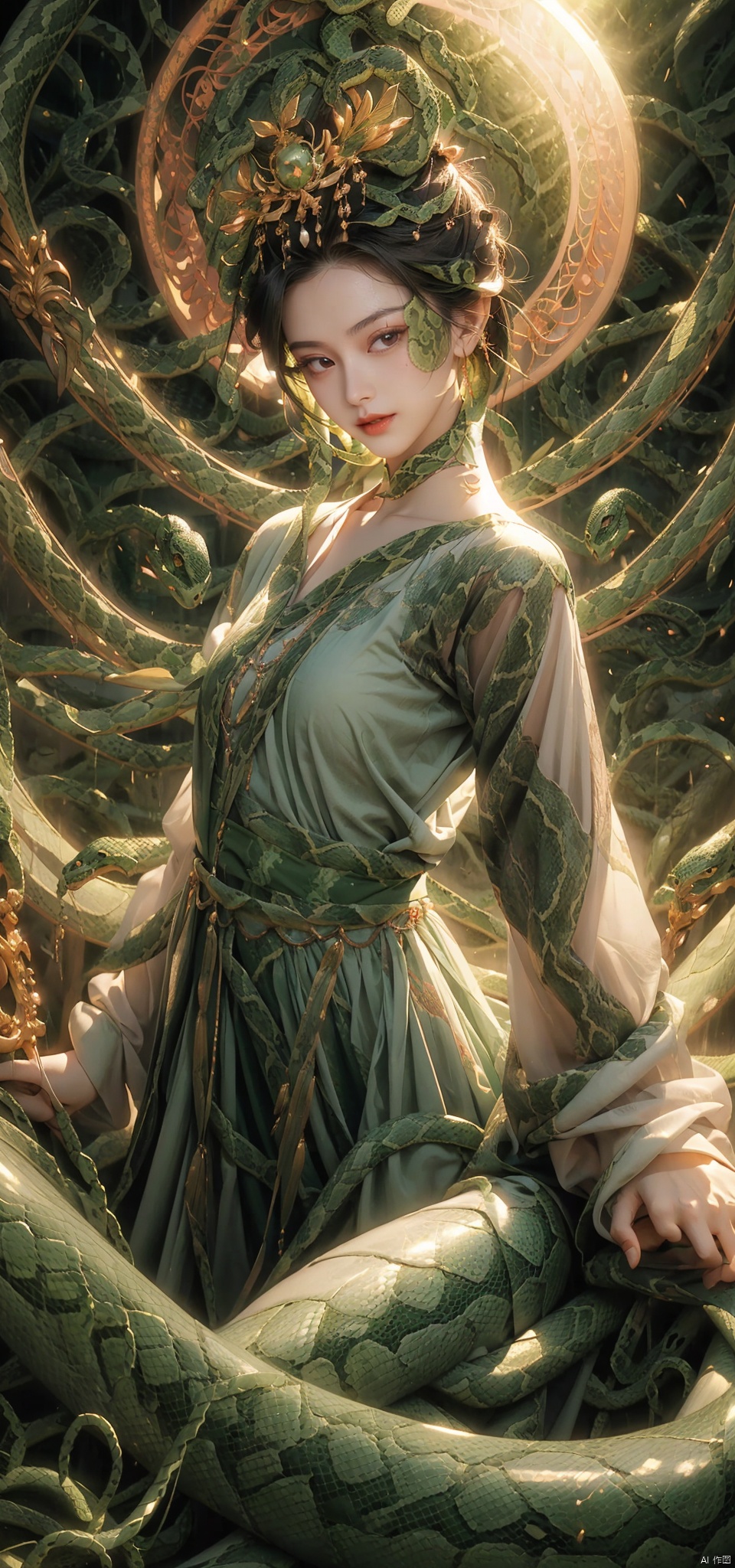  A woman, backlight, white gauze skirt, holy light, swaying with the wind, whole body, light and shadow, (surrounded by green snakes: 1.8), official art, 8k wallpaper, ultra-detail, beauty and aesthetics, delicacy, best quality, very detail, dynamic angle, paper cover, radius, light, cowboy lens, (light of the circle: 1.7), let's go. Exquisite facial features, high detail, smile, fisheye lens, dynamic angle, dynamic posture, 1 girl, (ripple: 1.3), (tulle: 1.4), dull color, (green dress: 1.4) (feather sleeve: 1.5), trapped goddess, kneeling on the ground to pray, (seduction posture: 1.5).