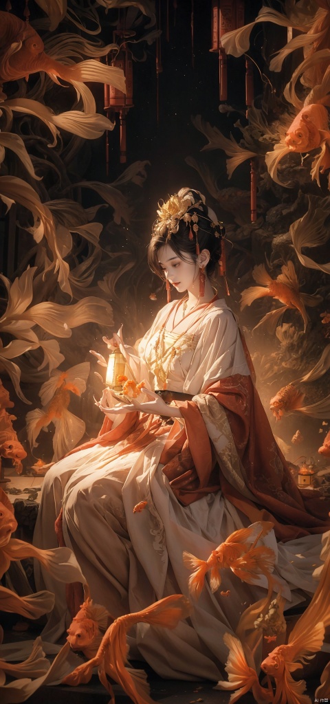  A woman, backlight, white gauze skirt, holy light, swaying with the wind, whole body, light and shadow, (surrounded by goldfish: 1.8), official art, 8k wallpaper, ultra-detail, beauty and aesthetics, exquisiteness, the best, very detail, dynamic angle, paper cover, radius, light, cowboy lens, (holding lanterns: 1.7), let's go. Delicate facial features, high detail, smile, fisheye lens, dynamic angle, dynamic posture, 1 girl, (ripple: 1.3), (tulle: 1.4), dark color, (red gold gauze skirt: 1.4) , trapped goddess, kneeling on the ground to pray, (noble: 1.5).