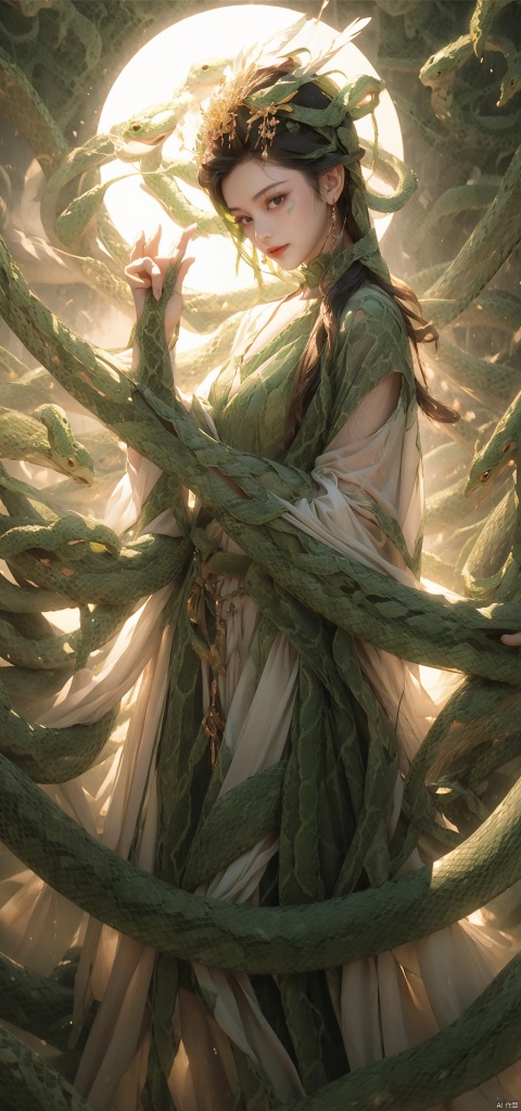  A woman, backlight, white gauze skirt, holy light, swaying with the wind, whole body, light and shadow, (surrounded by green snakes: 1.8), official art, 8k wallpaper, ultra-detail, beauty and aesthetics, delicacy, best quality, very detail, dynamic angle, paper cover, radius, light, cowboy lens, (light of the circle: 1.7), let's go. Exquisite facial features, high detail, smile, fisheye lens, dynamic angle, dynamic posture, 1 girl, (ripple: 1.3), (tulle: 1.4), dull color, (green dress: 1.4) (feather sleeve: 1.5), trapped goddess, kneeling on the ground to pray, (seduction posture: 1.5).