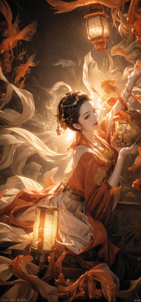  A woman, backlight, white gauze skirt, holy light, swaying with the wind, whole body, light and shadow, (surrounded by goldfish: 1.8), official art, 8k wallpaper, ultra-detail, beauty and aesthetics, exquisiteness, the best, very detail, dynamic angle, paper cover, radius, light, cowboy lens, (holding lanterns: 1.7), let's go. Delicate facial features, high detail, smile, fisheye lens, dynamic angle, dynamic posture, 1 girl, (ripple: 1.3), (tulle: 1.4), dark color, (red gold gauze skirt: 1.4) , trapped goddess, kneeling on the ground to pray, (noble: 1.5).