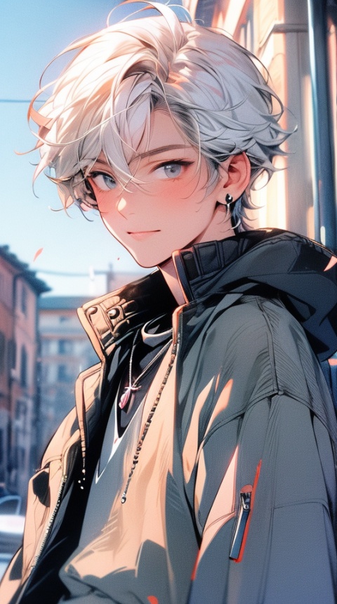 masterpiece,(masterpiece, top quality, best quality),(((flat color))),1boy, close up short, male focus, jewelry, solo, white hair, looking at viewer, necklace, upper body, earrings, hair between eyes, jacket, grey eyes, short hair, smile, blurry, open clothes, black jacket, bangs, closed mouth, shirt, blurry background, messy hair