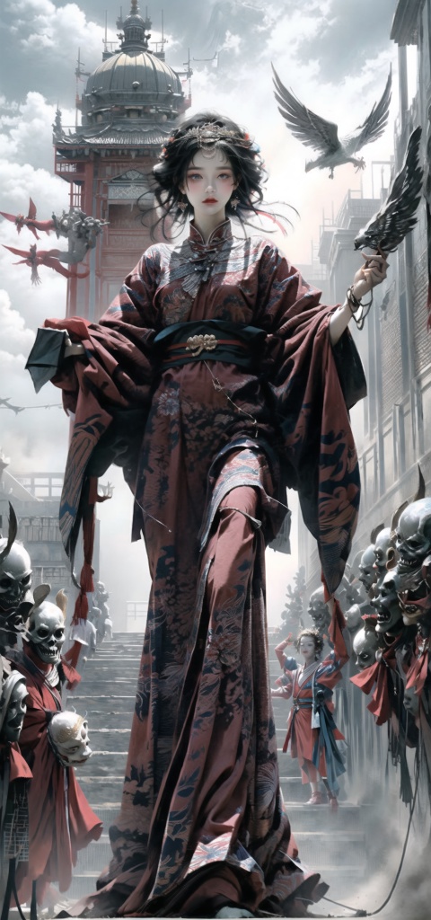 Queen, (holding a long  Silver snake),   Full body display, leaning against the ruins, with a floating skeleton in the background. The Queen's expression is enchanting, her posture is seductive, her hand is holding her face, and there is a flicker of evil energy runes in the background, blood mist filled, and soft light. My feet are covered in bones. Skeletons, many skeletons. Black stockings. Official art, unit 8 k wallpaper, ultra detailed, beautiful and aesthetic, masterpiece, best quality, extremely detailed, dynamic angle, paper skin, radius, iuminosity, cowboyshot, the most beautiful form of Chaos, elegant, a brutalist designed, visual colors, romantici**, by James Jean, roby dwi antono, cross tran, francis bacon, Michael mraz, Adrian ghenie, Petra cortright, Gerhard richter, Takato yamamoto, ashley wood, atmospheric, ecstasy of musical notes, streaming musical notes visible, flowers in full bloom, many bird of parade, deep forests, sunlight, atmosphere, rich details, full body lens, shot from above, shot from below, detail background, beautiful sky, floating hair, perfect face, exquisite facial features, high detail, **ile, Fisheye lens, dynamic angle, dynamic posture,shidudou,cap,hunsha,fanxing,*****,liuli2,qzclothing_white