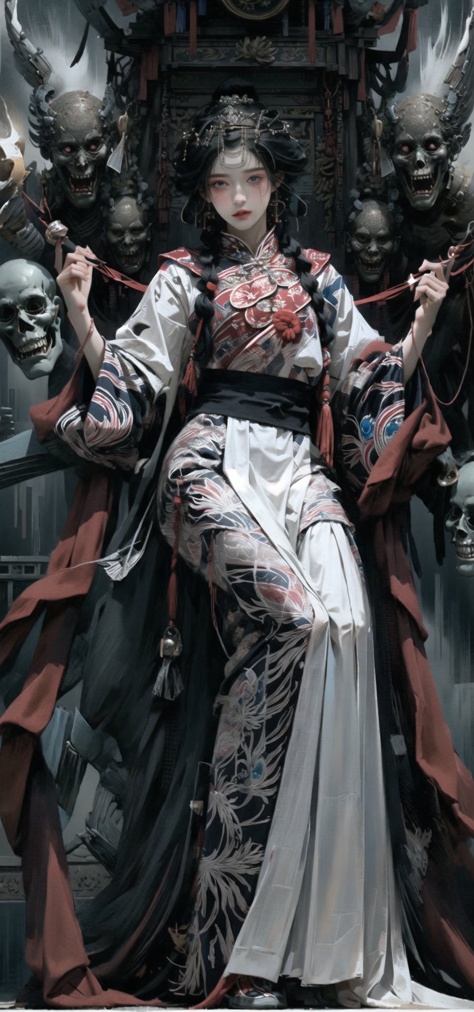 Queen, (holding a long  Silver snake),   Full body display, leaning against the ruins, with a floating skeleton in the background. The Queen's expression is enchanting, her posture is seductive, her hand is holding her face, and there is a flicker of evil energy runes in the background, blood mist filled, and soft light. My feet are covered in bones. Skeletons, many skeletons. Black stockings. Official art, unit 8 k wallpaper, ultra detailed, beautiful and aesthetic, masterpiece, best quality, extremely detailed, dynamic angle, paper skin, radius, iuminosity, cowboyshot, the most beautiful form of Chaos, elegant, a brutalist designed, visual colors, romantici**, by James Jean, roby dwi antono, cross tran, francis bacon, Michael mraz, Adrian ghenie, Petra cortright, Gerhard richter, Takato yamamoto, ashley wood, atmospheric, ecstasy of musical notes, streaming musical notes visible, flowers in full bloom, many bird of parade, deep forests, sunlight, atmosphere, rich details, full body lens, shot from above, shot from below, detail background, beautiful sky, floating hair, perfect face, exquisite facial features, high detail, **ile, Fisheye lens, dynamic angle, dynamic posture,shidudou,cap,hunsha,fanxing,*****,liuli2,qzclothing_white