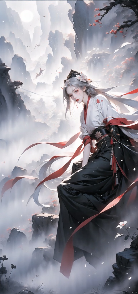  A senior sister, Full body display, Sad expression, pain, wailing, blood on face, knife swing,Seduction, Potala Palace, setting sun in the background,graceful posture, long white hair, The Queen's expression is enchanting, her posture is seductive, her hand is holding her face, and there is a flicker of evil energy runes in the background, blood mist filled, and soft light. Black stockings. Official art, unit 8 k wallpaper, ultra detailed, beautiful and aesthetic, masterpiece, best quality, extremely detailed, dynamic angle, paper skin, radius, iuminosity, cowboyshot, the most beautiful form of Chaos, elegant, a brutalist designed, visual colors, romantici**, atmospheric, ecstasy of musical notes, streaming musical notes visible, flowers in full bloom, many bird of parade, deep forests, sunlight, atmosphere, rich details, full body lens, shot from above, shot from below, detail background, beautiful sky, floating hair, perfect face, exquisite facial features, high detail, **ile, Fisheye lens, dynamic angle, dynamic posture,cry,hand101,guof, chang, Ink scattering_Chinese style,（Black clothes：1.5）