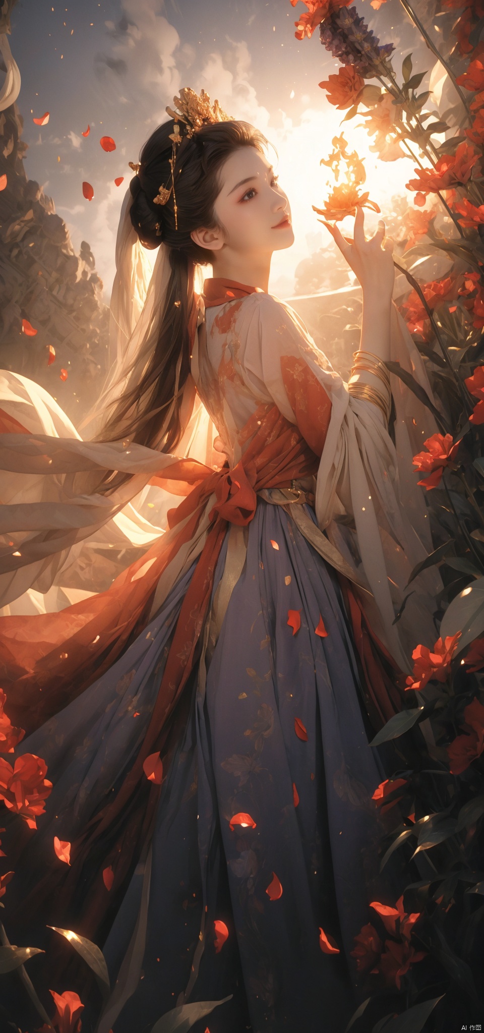  A woman, backlit, white gauze dress, holy light, swaying in the wind, whole body, light and shadow, (black and red smoke as background; 1.8), Official art, 8k wallpaper, super detail, beauty and aesthetics, fine, the best quality, very detailed, dynamic Angle, paper leather, radius, light, cowboy lens, (Trapped in the other side of the flowers :1.7), departure, pain, visual color, romantic, atmospheric, rich in detail, full-body lens, shot from above, shot from below, detailed background, Smooth hair, perfect face, delicate features, high detail, smile, fisheye lens, dynamic Angle, dynamic pose, 1 girl, (petals :1.3), (gilded :1.4), not brightly colored, (lavender gauze :1.4)(petals falling :1.5), trapped goddess, kneeling on the ground in prayer, (harsh environment :1.5), (Pain :1.5)(Prayer :1.4), qingsha, (\shen ming shao nv\), ghostdom, DUNHUANG_CLOTHS