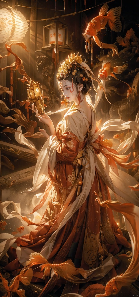  A woman, backlight, white gauze skirt, holy light, swaying with the wind, whole body, light and shadow, (surrounded by goldfish: 1.8), official art, 8k wallpaper, ultra-detail, beauty and aesthetics, exquisiteness, the best, very detail, dynamic angle, paper cover, radius, light, cowboy lens, (holding lanterns: 1.7), let's go. Delicate facial features, high detail, smile, fisheye lens, dynamic angle, dynamic posture, 1 girl, (ripple: 1.3), (tulle: 1.4), dark color, (red gold gauze skirt: 1.4) , trapped goddess, kneeling on the ground to pray, (noble: 1.5).