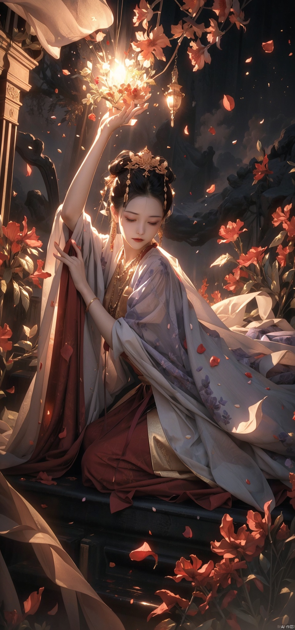 A woman, backlit, white gauze dress, holy light, swaying in the wind, whole body, light and shadow, (black and red smoke as background; 1.8), Official art, 8k wallpaper, super detail, beauty and aesthetics, fine, the best quality, very detailed, dynamic Angle, paper leather, radius, light, cowboy lens, (Trapped in the other side of the flowers :1.7), departure, pain, visual color, romantic, atmospheric, rich in detail, full-body lens, shot from above, shot from below, detailed background, Smooth hair, perfect face, delicate features, high detail, smile, fisheye lens, dynamic Angle, dynamic pose, 1 girl, (petals :1.3), (gilded :1.4), not brightly colored, (lavender gauze :1.4)(petals falling :1.5), trapped goddess, kneeling on the ground in prayer, (harsh environment :1.5), (Pain :1.5)(Prayer :1.4)