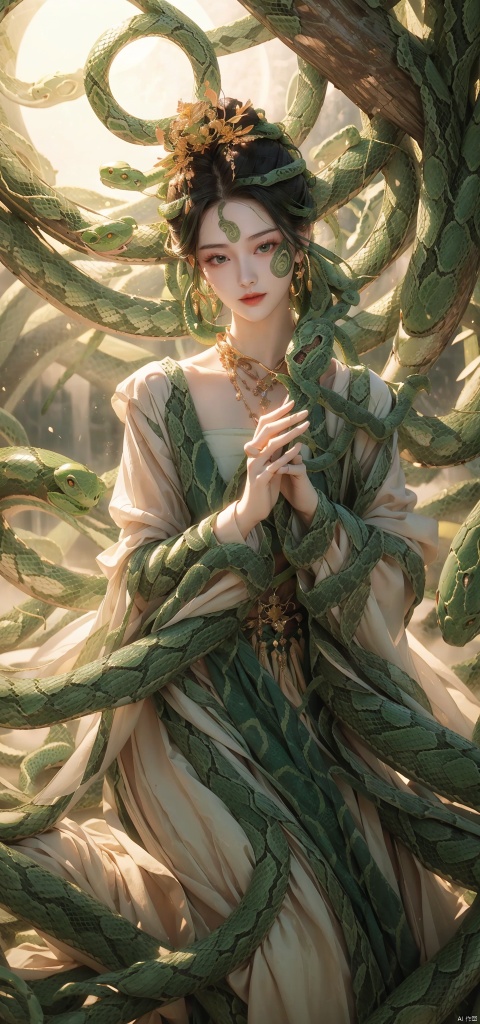  A woman, backlight, white gauze skirt, holy light, swaying with the wind, whole body, light and shadow, (surrounded by green snakes: 1.8), official art, 8k wallpaper, ultra-detail, beauty and aesthetics, delicacy, best quality, very detail, dynamic angle, paper cover, radius, light, cowboy lens, (light of the circle: 1.7), let's go. Exquisite facial features, high detail, smile, fisheye lens, dynamic angle, dynamic posture, 1 girl, (ripple: 1.3), (tulle: 1.4), dull color, (green dress: 1.4) (feather sleeve: 1.5), trapped goddess, kneeling on the ground to pray, (seduction posture: 1.5).